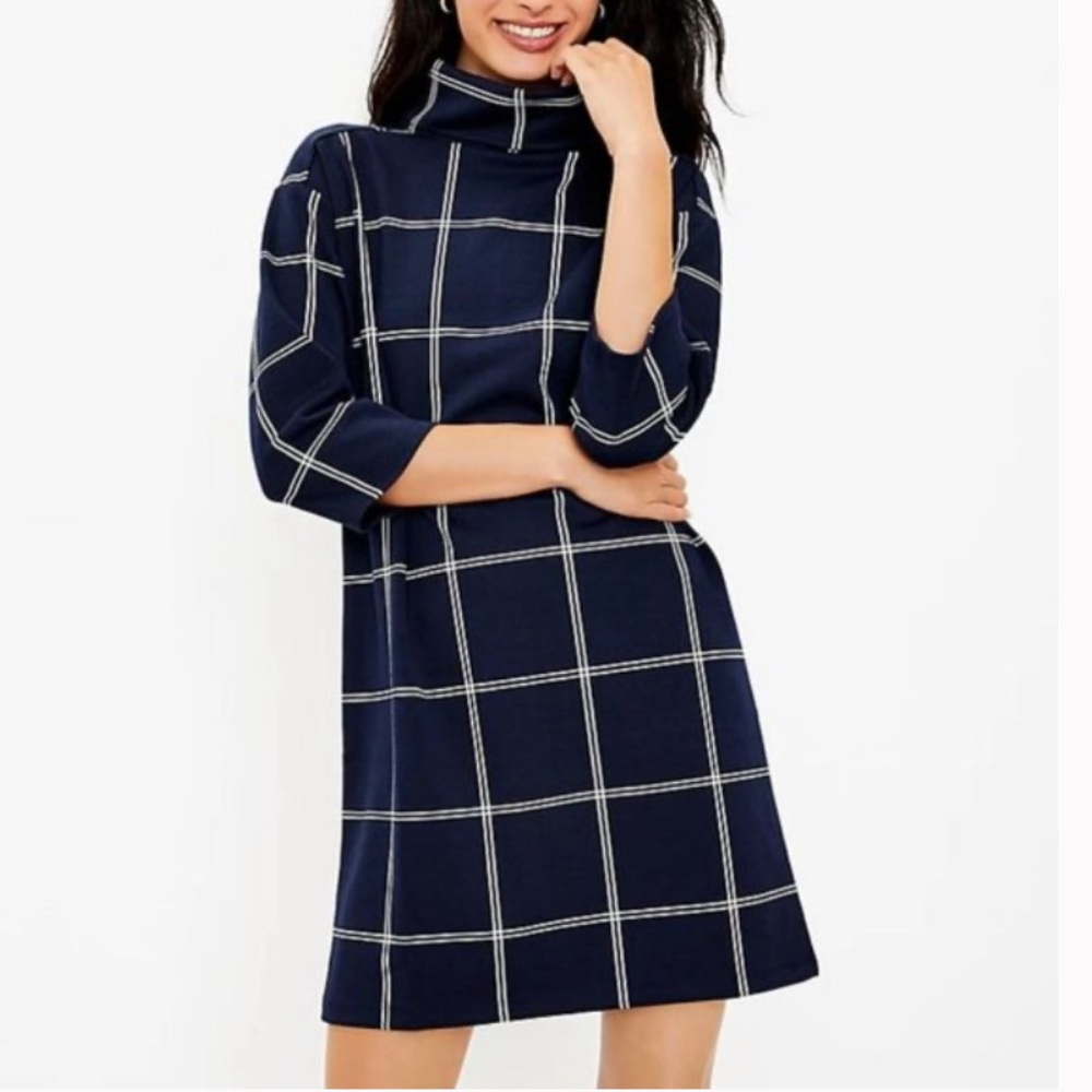NWT Loft Ann Taylor Windowpane Funnel Neck Dress